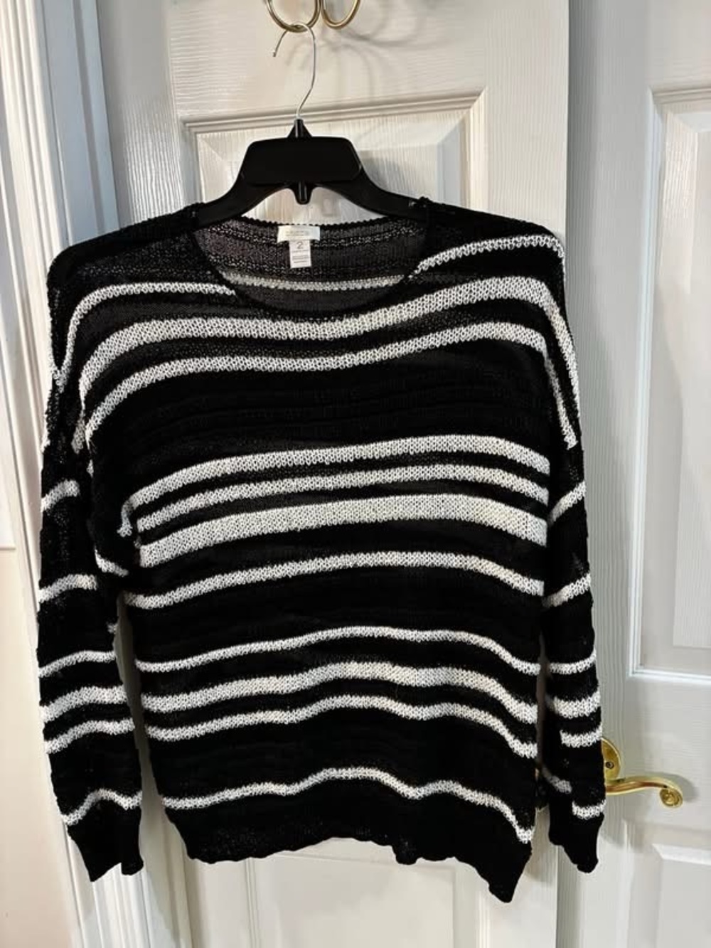 Chicos Black & White Striped Open Knit  Women's Sweater SZ 2/L